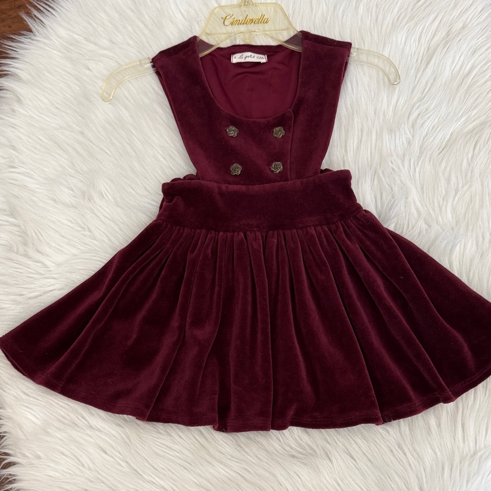 Le Petit Elle Pinafore Burgundy Velvet Button Front Dress Size 3Y